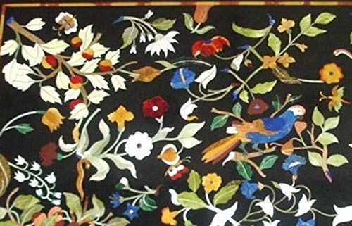 Pietra Dura Black Marble Rectangular 48" x 30" Inch Dining Table Top, Bird Inlay Fruit Inlay and Flowers Inlay Design Outdoor Decor, Indoor Decor Table Top, Piece Of Conversation, Family HeirLoom