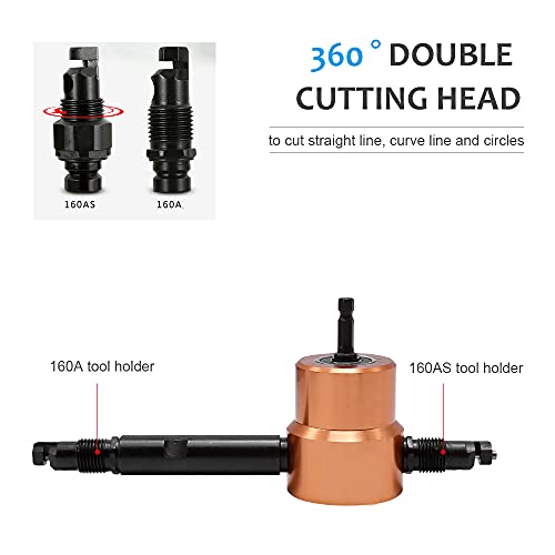 360 Degree Double Headed Sheet Metal Nibbler Drill Attachment Metal Cutter with Extra Punch and Die, 1 Cutting Hole Accessory and 1 Step Drill Bit