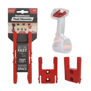 stealthmounts locking tool holder in red for milwaukee m18 4 pack | milwaukee tool organizer | milwaukee tool storage | milwaukee drill holder | m18 tool holder | made in uk