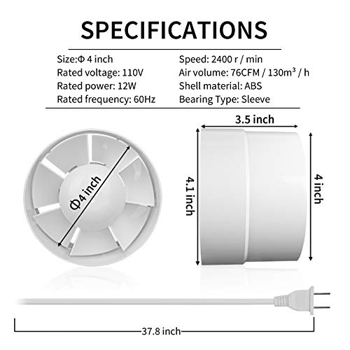 Inline Duct Fan 4 Inch Vent Booster, HVAC Exhaust Intake Fans 76 CFM, Ventilation Blower for Grow Tent Attic Kitchen Garage Greenhouse Basement (Φ 4 inch/110v)