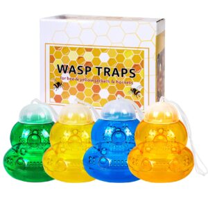 4 pack wasp trap, hornet trap outdoor, bee catcher for outside, yellow jacket killer hanging, fly insect killer, yellow & orange & green & blue