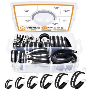vigrue 53pcs cable clamps assortment kit, 304 stainless steel rubber cushion pipe clamps in 6 sizes 1/2'' 1'' 1.25'' 1.5'' 1.75'' 2''
