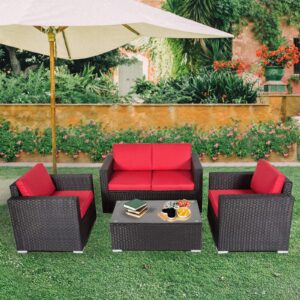 kinsunny 4 pcs outdoor wicker rattan sofa set patio furniture wicker rattan sectional sofa couch with glass coffee table washable removable cushions for backyard pool