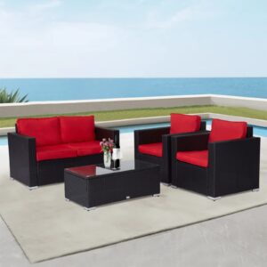 Kinsunny 4 PCs Outdoor Wicker Rattan Sofa Set Patio Furniture Wicker Rattan Sectional Sofa Couch with Glass Coffee Table Washable Removable Cushions for Backyard Pool