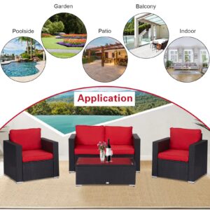 Kinsunny 4 PCs Outdoor Wicker Rattan Sofa Set Patio Furniture Wicker Rattan Sectional Sofa Couch with Glass Coffee Table Washable Removable Cushions for Backyard Pool