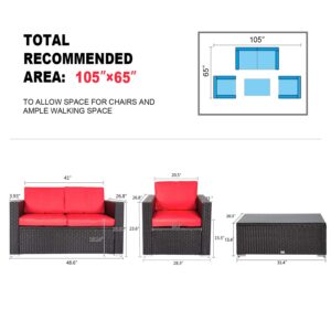 Kinsunny 4 PCs Outdoor Wicker Rattan Sofa Set Patio Furniture Wicker Rattan Sectional Sofa Couch with Glass Coffee Table Washable Removable Cushions for Backyard Pool