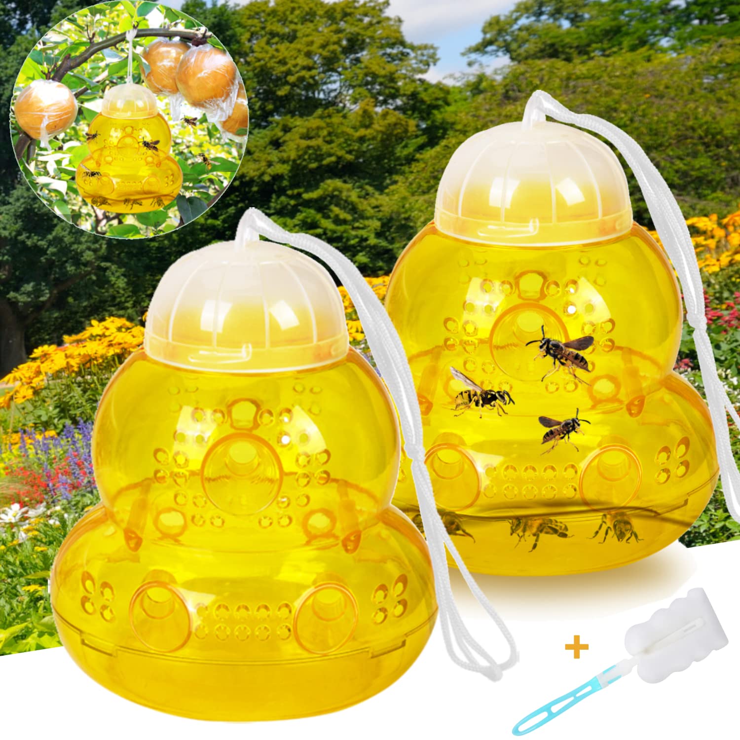 2 Pack Wasp Traps Outdoor, Yellow Jacket Killer, Reusable Carpenter Bee Traps for Outside, Plastic Bee Catcher Hornet Trap for Garden, Farm, Insect Killer, Yellow