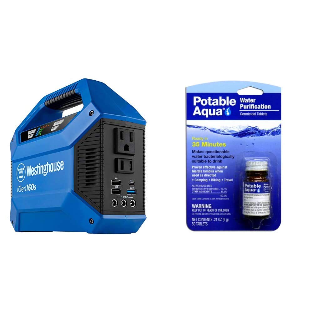 Westinghouse 155Wh 150 Peak Watt Portable Power Station and Solar Generator (Solar Panel Not Included) | Potable Aqua Water Purification, Water Treatment Tablets - 50 count Bottle