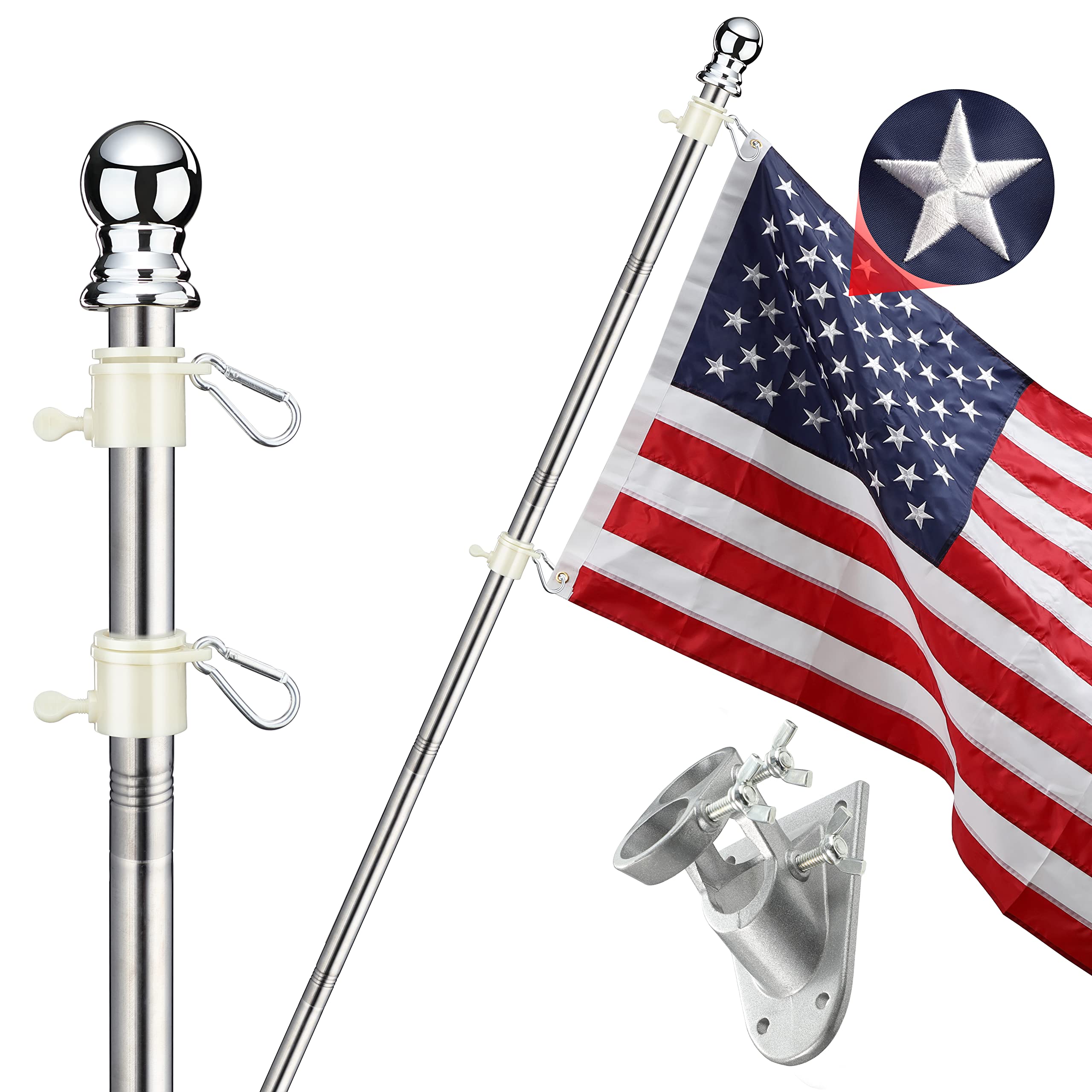 SANDEGOO Flag Pole for House with American Flag-6FT Silver Flag and Pole with Wall Mounted Bracket and 3x5 Embroidered US Flag Rustproof Tangle Flag Pole for House Yard Residential or Commercial