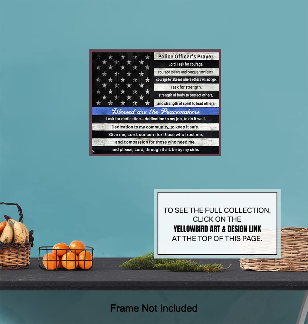 Police Officers Prayer Wall Art Print - Inspirational Religious Patriotic Thin Blue Line American Flag - Patriotic Gift for Cops, First Responders, Law Enforcement - Home or Room Decor Poster