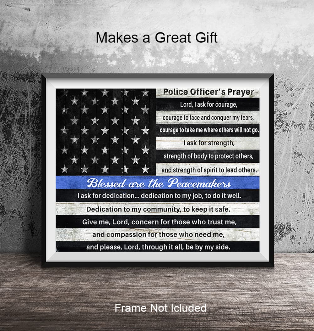 Police Officers Prayer Wall Art Print - Inspirational Religious Patriotic Thin Blue Line American Flag - Patriotic Gift for Cops, First Responders, Law Enforcement - Home or Room Decor Poster