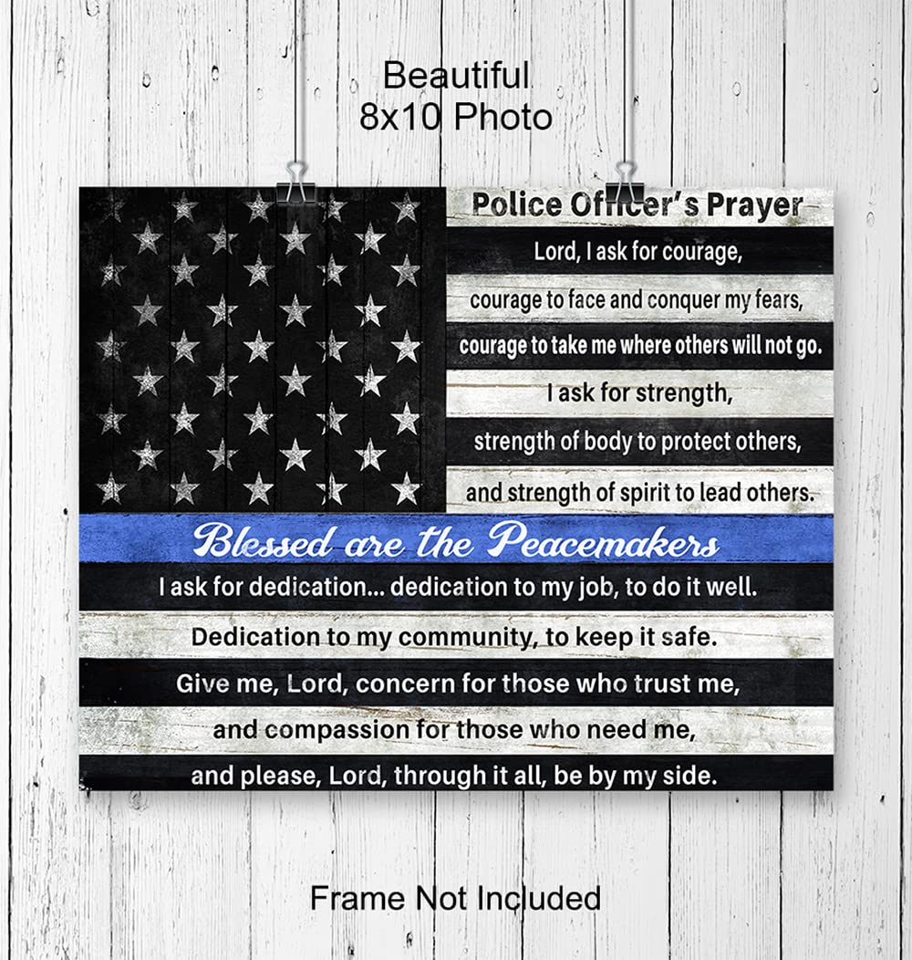 Police Officers Prayer Wall Art Print - Inspirational Religious Patriotic Thin Blue Line American Flag - Patriotic Gift for Cops, First Responders, Law Enforcement - Home or Room Decor Poster