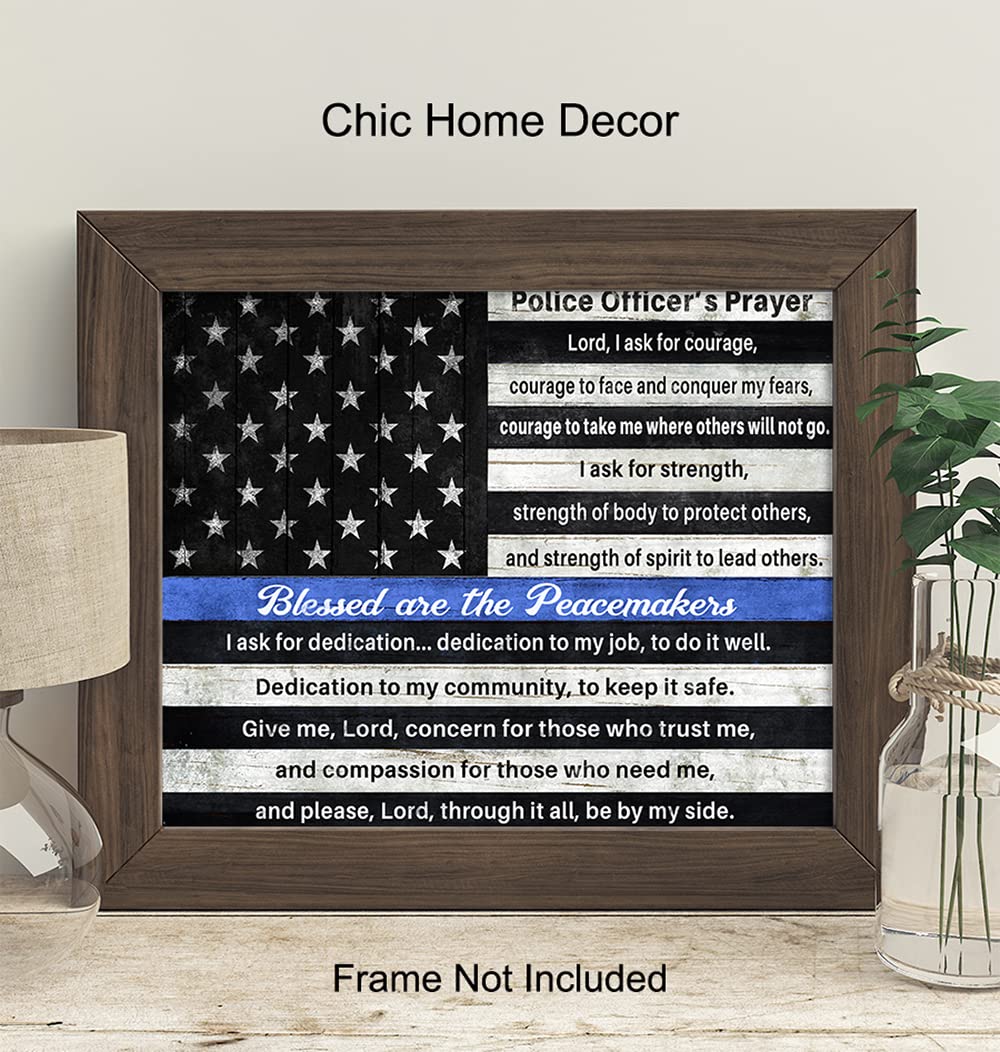 Police Officers Prayer Wall Art Print - Inspirational Religious Patriotic Thin Blue Line American Flag - Patriotic Gift for Cops, First Responders, Law Enforcement - Home or Room Decor Poster