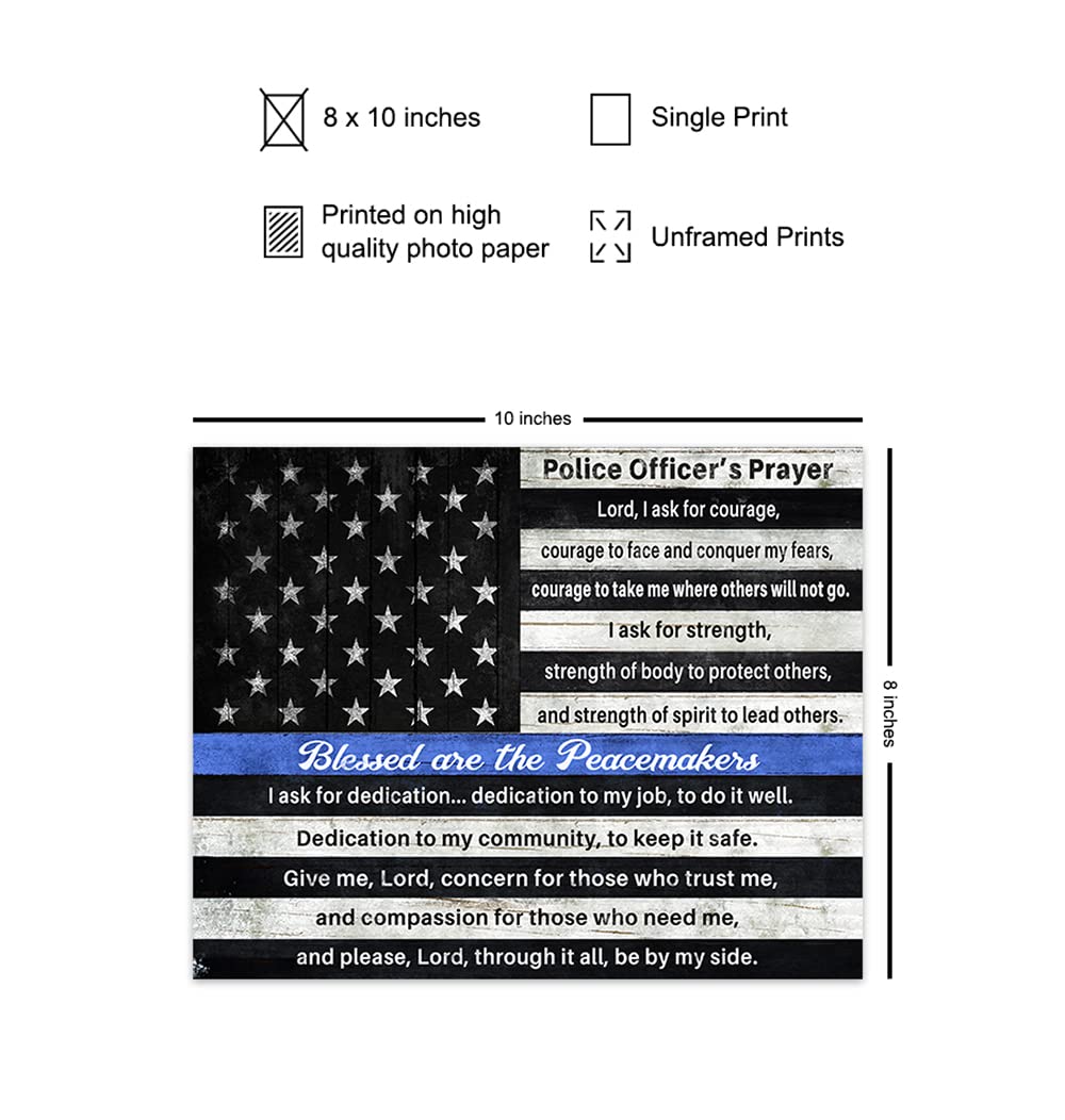 Police Officers Prayer Wall Art Print - Inspirational Religious Patriotic Thin Blue Line American Flag - Patriotic Gift for Cops, First Responders, Law Enforcement - Home or Room Decor Poster