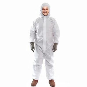 amz disposable coveralls with hood, x-large. pack of 5 white microporous lab coveralls disposable. 60 gsm painters suit disposable with storm flap zipper cover. painters suit disposable. hazmat suit