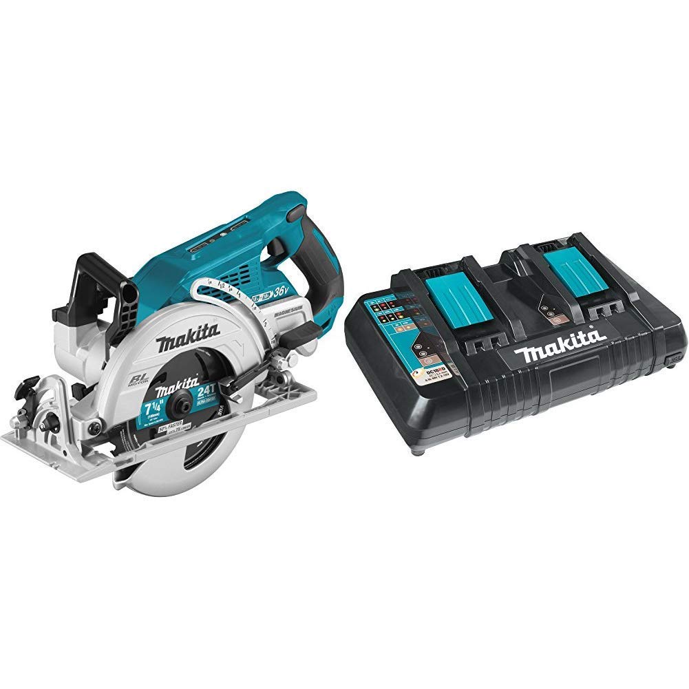 Makita XSR01Z 18V X2 LXT Lithium-Ion 36V Brushless Cordless Rear Handle 7-1/4" Circular Saw, Tool Only with Makita DC18RD 18V Lithium-Ion Dual Port Rapid Optimum Charger (Renewed)