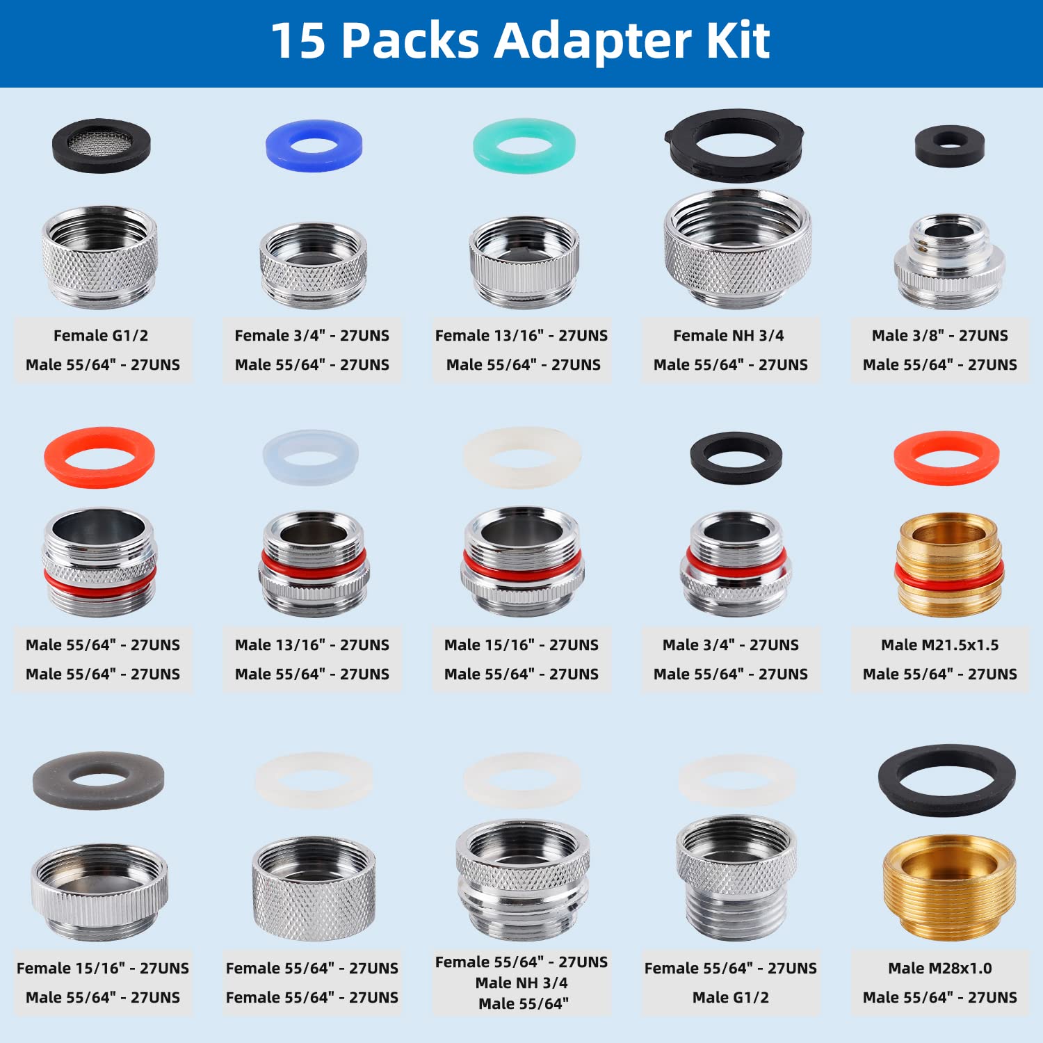 15pcs Faucet Adapter Kit, Brass Faucet Aerator Adapter Set Male Female Kitchen Faucet Adapter Converter to Faucet Aerator, Garden Hose, Standard Hose in RV, Apply on Both Removable and Cache Aerator