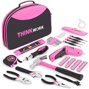 thinkwork 122-piece pink tool set with 3.6v rotatable electric screwdriver, home tool kit for women with easy carrying round pouch, ladies pink tool kit for home maintenance, diy, gifts