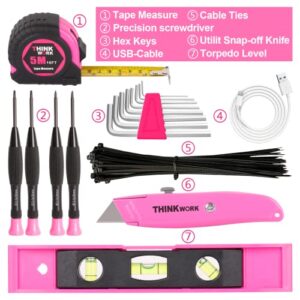 THINKWORK 122-Piece Pink Tool Set with 3.6V Rotatable Electric Screwdriver, Home Tool Kit for Women with Easy Carrying Round Pouch, Ladies Pink Tool Kit for Home Maintenance, DIY, Gifts