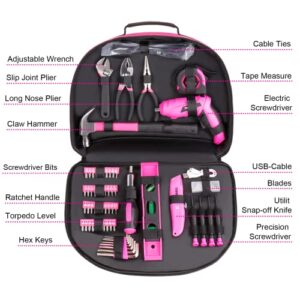 THINKWORK 122-Piece Pink Tool Set with 3.6V Rotatable Electric Screwdriver, Home Tool Kit for Women with Easy Carrying Round Pouch, Ladies Pink Tool Kit for Home Maintenance, DIY, Gifts