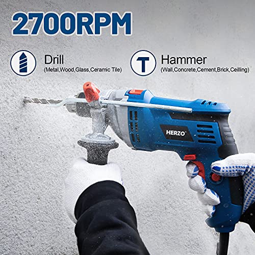 Hammer Drill HERZO Corded Impact Drill 7 Amp 1/2 Inch 2700 RPM,360° Rotatable Handle for Wood,Plastic,Steel