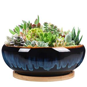 sqowl 7 inch round ceramic succulent planter pot drip glazed shallow planter with drainage bamboo tray for indoor plants