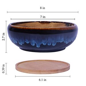 SQOWL 7 Inch Round Ceramic Succulent Planter Pot Drip Glazed Shallow Planter with Drainage Bamboo Tray for Indoor Plants