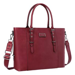 mosiso pu leather laptop tote bag for women (17-17.3 inch), wine red