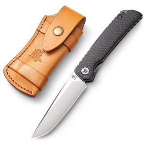 katsu folding pocket japanese knife, carbon fiber handle, edc knife w/154cm steel blade, leather sheath