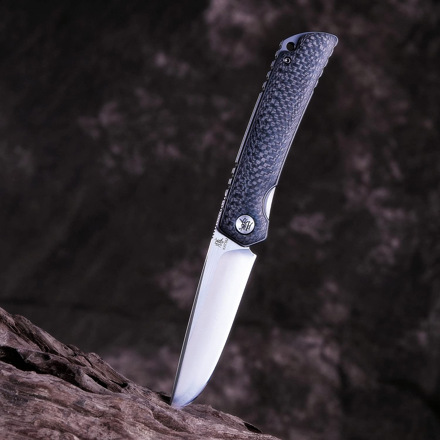 KATSU Folding Pocket Japanese Knife, Carbon Fiber Handle, EDC Knife w/154CM Steel Blade, Leather Sheath