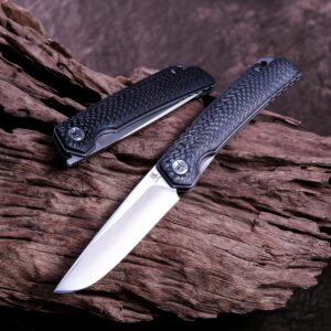 KATSU Folding Pocket Japanese Knife, Carbon Fiber Handle, EDC Knife w/154CM Steel Blade, Leather Sheath