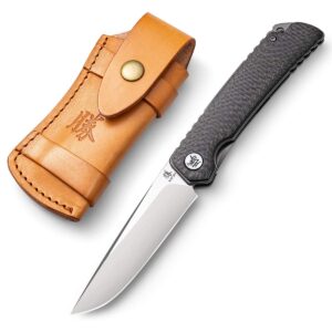 KATSU Folding Pocket Japanese Knife, Carbon Fiber Handle, EDC Knife w/154CM Steel Blade, Leather Sheath