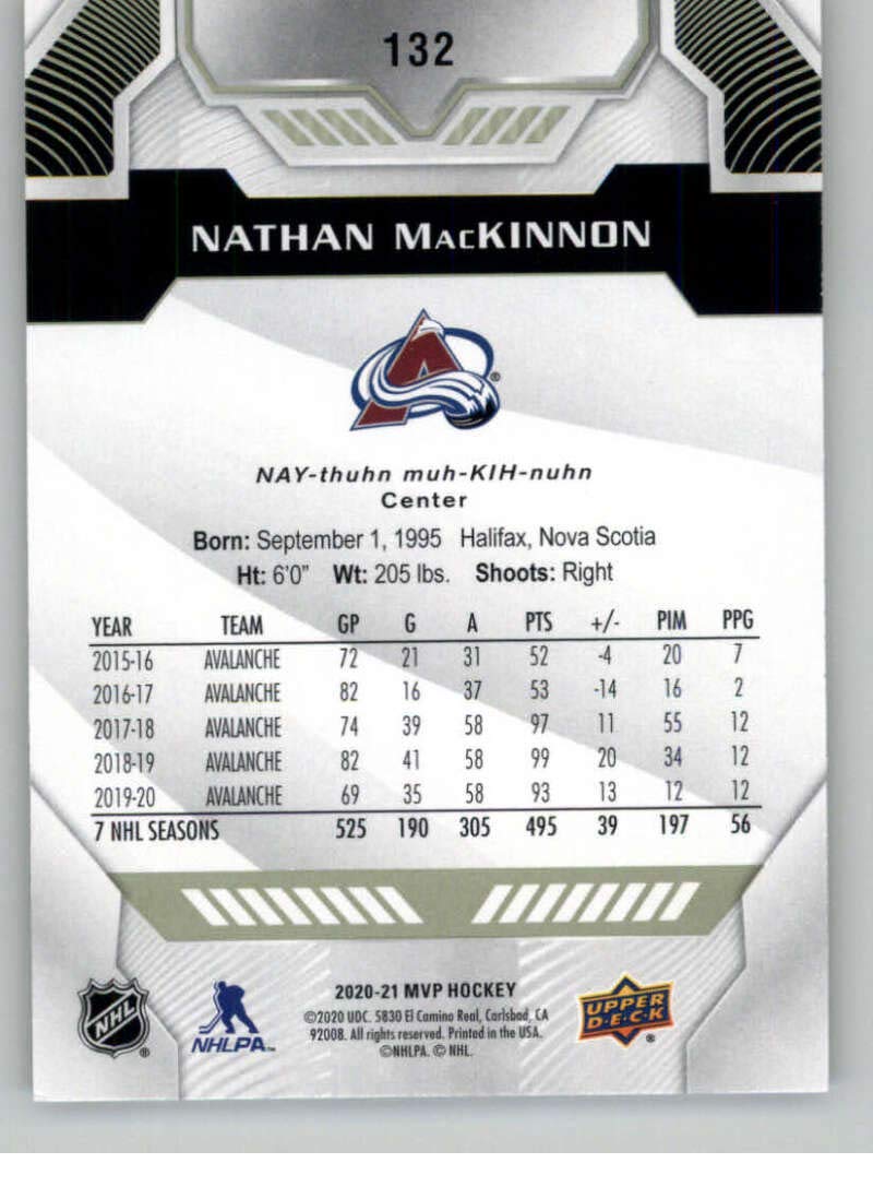 2020-21 Upper Deck MVP #132 Nathan MacKinnon Colorado Avalanche NHL Hockey Trading Card