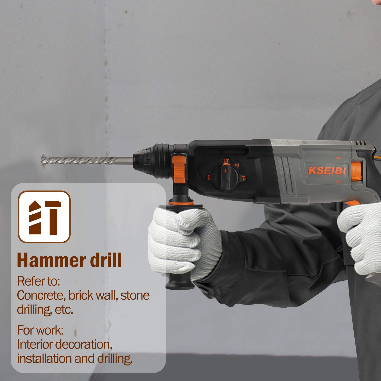 KSEIBI 1 inch Rotary Hammer Drill 6.5 Amp SDS Plus 4 Functions Reduced Vibration Variable Speed Drilling 900RPM, 4350BPM, 5 Joules Impact Rate, Safety Clutch (KSH 3-26)