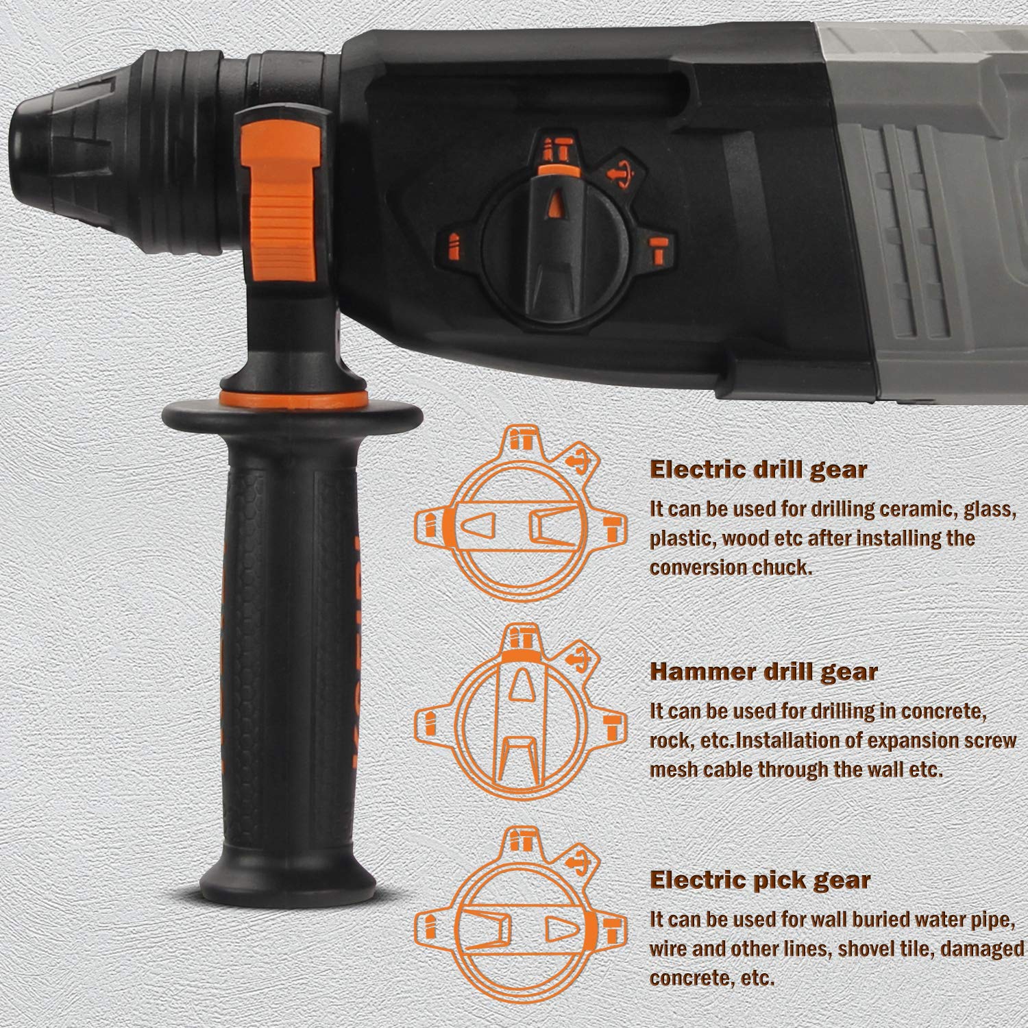 KSEIBI 1 inch Rotary Hammer Drill 6.5 Amp SDS Plus 4 Functions Reduced Vibration Variable Speed Drilling 900RPM, 4350BPM, 5 Joules Impact Rate, Safety Clutch (KSH 3-26)