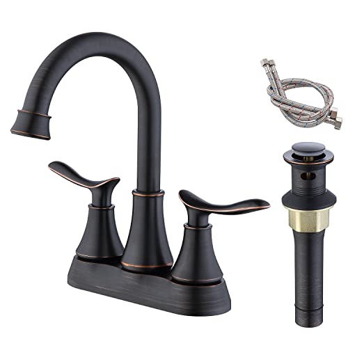 GELE Bathroom Faucet Oil Rubbed Bronze with Drain & Supply Hoses 2-Handle 360 Degree High Arc Swivel Spout Centerset 4 Inch Vanity Sink Faucet 4009B-ORB