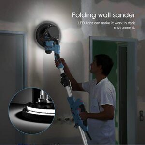 Drywall Sander Handife 7A 800W Electric Foldable Wall Sander, Double-Deck LED Lights Sander, 800-1800RPM Electric Drywall Sander w/Dust-Free Automatic Vacuum System and 12 pcs Sanding Discs (Blue)
