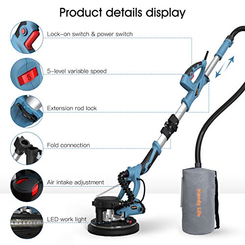 Drywall Sander Handife 7A 800W Electric Foldable Wall Sander, Double-Deck LED Lights Sander, 800-1800RPM Electric Drywall Sander w/Dust-Free Automatic Vacuum System and 12 pcs Sanding Discs (Blue)