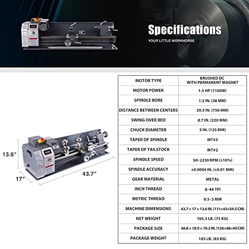 CO-Z 8.7"x29.5" Mini Metal Lathe with 1100W Brushed Motor 5 Turning Tools, Benchtop Metal Lathe with LCD Display 2250rpm Max Variable Speed for Home Machinists Workshop DIY Metalworking Crafts