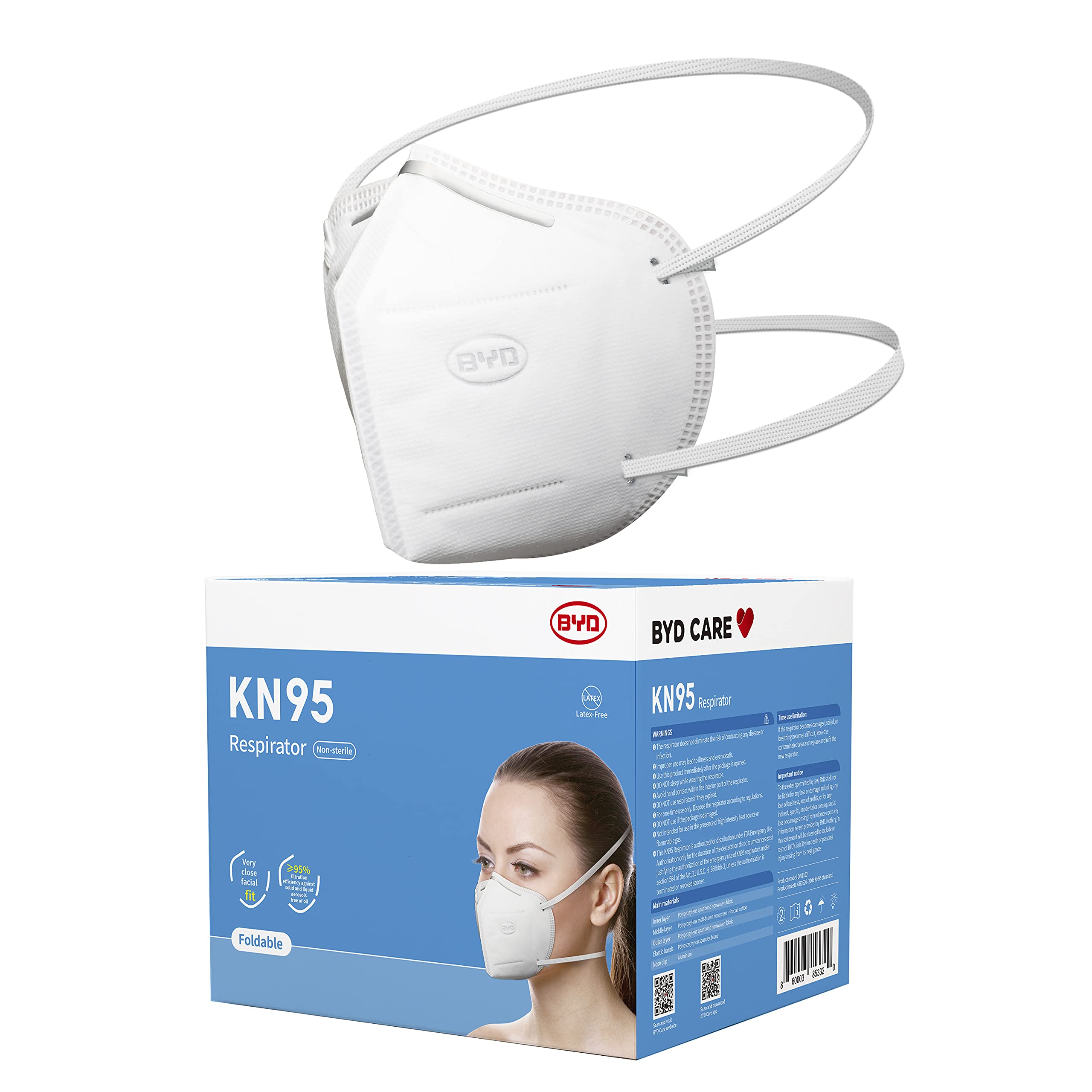 BYD CARE KN95 Respirator, 20 Pack with Individual Wrap, Breathable & Comfortable Foldable Safety Mask with Head Strap for Tight Fit, GB2626 compliant with Filter Efficiency ≥95%