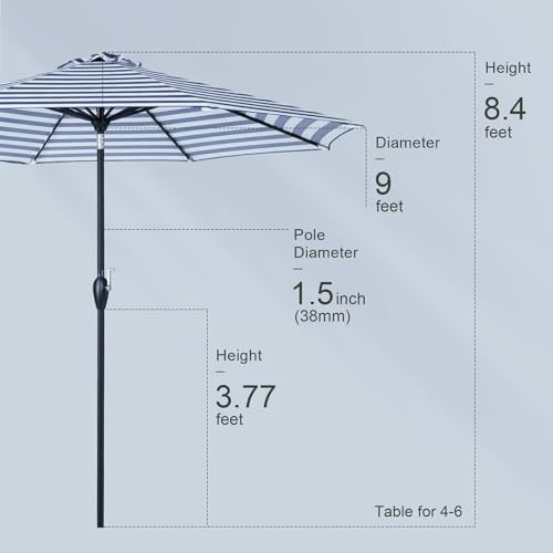 Tempera 9ft Patio Market Outdoor Table Umbrella with Push Button Tilt and Crank,Large Sun Umbrella with Sturdy Pole&Fade resistant canopy,Easy to set, Blue White Stripe