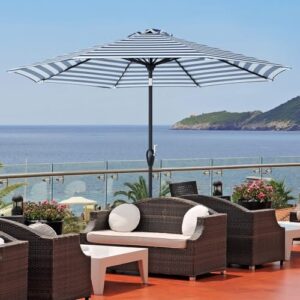 Tempera 9ft Patio Market Outdoor Table Umbrella with Push Button Tilt and Crank,Large Sun Umbrella with Sturdy Pole&Fade resistant canopy,Easy to set, Blue White Stripe