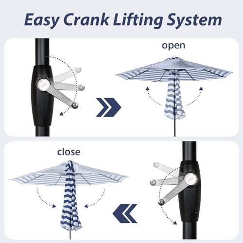 Tempera 9ft Patio Market Outdoor Table Umbrella with Push Button Tilt and Crank,Large Sun Umbrella with Sturdy Pole&Fade resistant canopy,Easy to set, Blue White Stripe