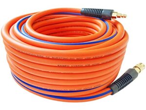 sanfu hybrid pvc/rubber 3/8”id x 100ft, 300psi durable, lightweight, air compressor hose with 1/4” industrial brass coupler and plug, bend restrictors, orange(100’)