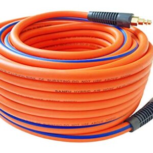 SANFU Hybrid PVC/Rubber 3/8”ID x 100ft, 300PSI Durable, Lightweight, Air Compressor Hose with 1/4” Industrial Brass Coupler and Plug, Bend Restrictors, Orange(100’)