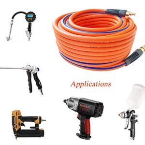 SANFU Hybrid PVC/Rubber 3/8”ID x 100ft, 300PSI Durable, Lightweight, Air Compressor Hose with 1/4” Industrial Brass Coupler and Plug, Bend Restrictors, Orange(100’)