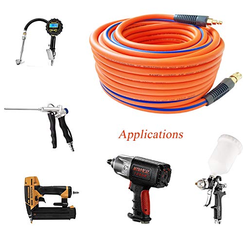 SANFU Hybrid PVC/Rubber 3/8”ID x 100ft, 300PSI Durable, Lightweight, Air Compressor Hose with 1/4” Industrial Brass Coupler and Plug, Bend Restrictors, Orange(100’)