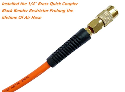 SANFU Hybrid PVC/Rubber 3/8”ID x 100ft, 300PSI Durable, Lightweight, Air Compressor Hose with 1/4” Industrial Brass Coupler and Plug, Bend Restrictors, Orange(100’)