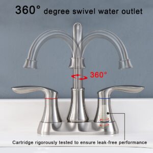 GELE Bathroom Faucet Brushed Nickel with Pop-up Drain & Supply Hoses Two-Handle 360 Degree High Arc Swivel Spout Centerset 4 Inch Vanity Sink Faucet 4011B-NP