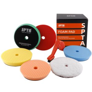 SPTA Polishing Pads, 5Pc 6 Inch 150mm Orbital Buffer Polisher Pads and 1Pc Microfiber Buffing Pads, Foam Polish Pad for Compounding, Polishing and Waxing, for 6''/150mm Backing Plate Car Polisher